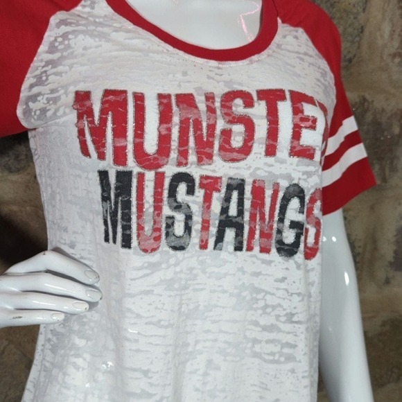 Pel‎ Industries Top Raglan Sleeve Burn Out Munster Mustangs Woman's Size Large - Picture 4 of 11